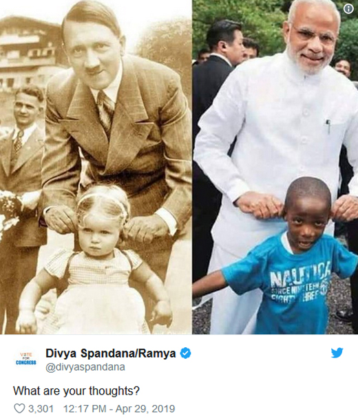 Divya Spandana likens PM Modi to Adolf Hitler